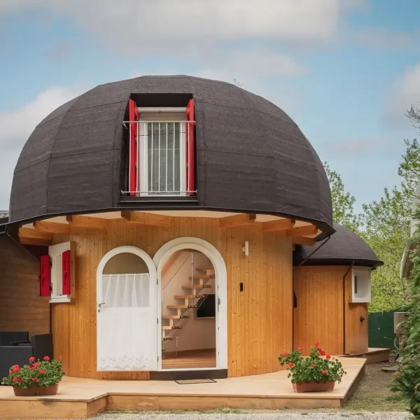 Ein rundes, kuppelförmiges Holzhaus mit roten Fensterläden.